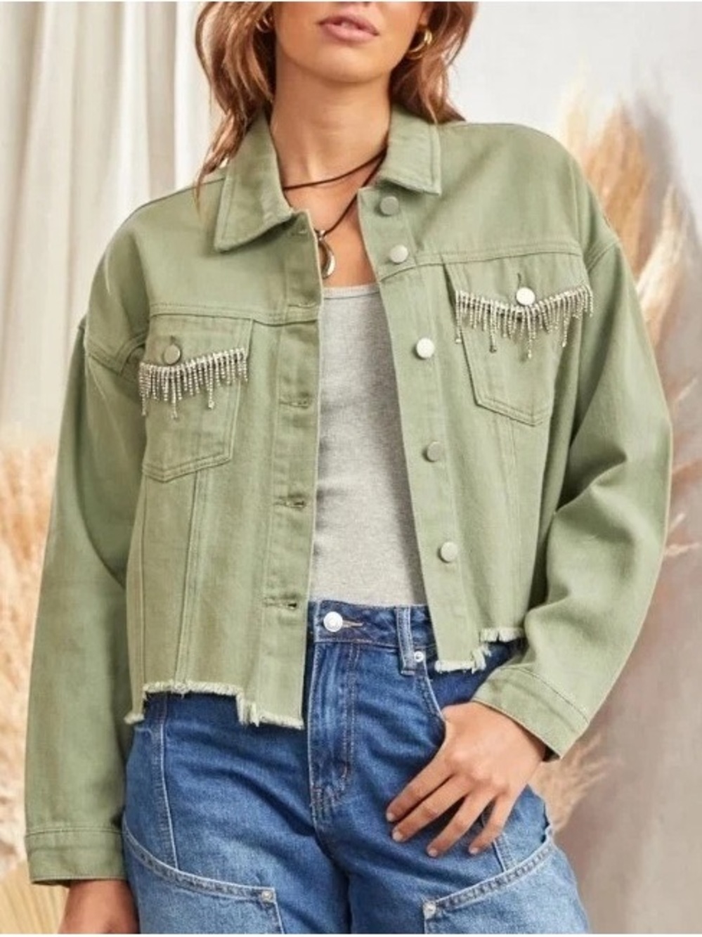 SAVANNA JANE / Fringe Trim Olive Green Denim Jacket - Women's Casual Coat/NWT